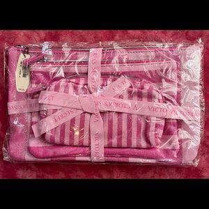 Victoria’s Secret makeup bags, set of 3, iconic pink striped.